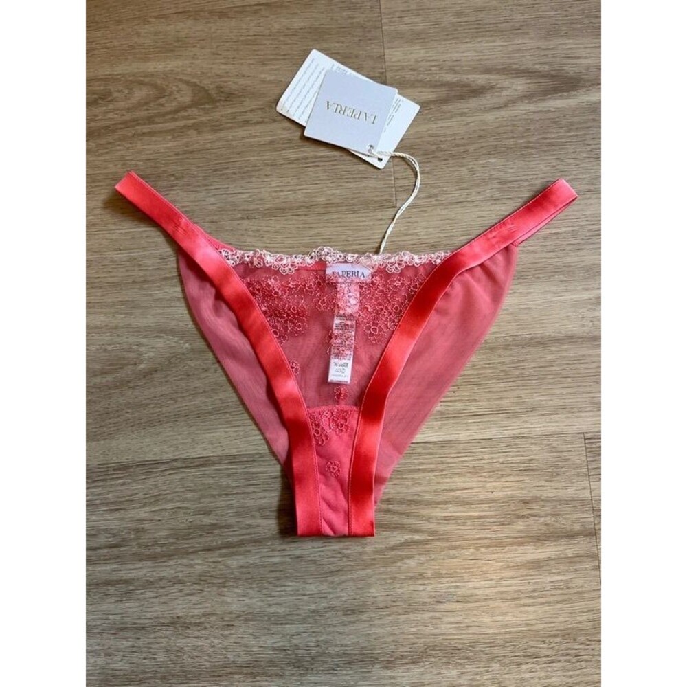 NWT La Perla Coral Pink Embroidered Lace Brazilian Brief Panty M $132